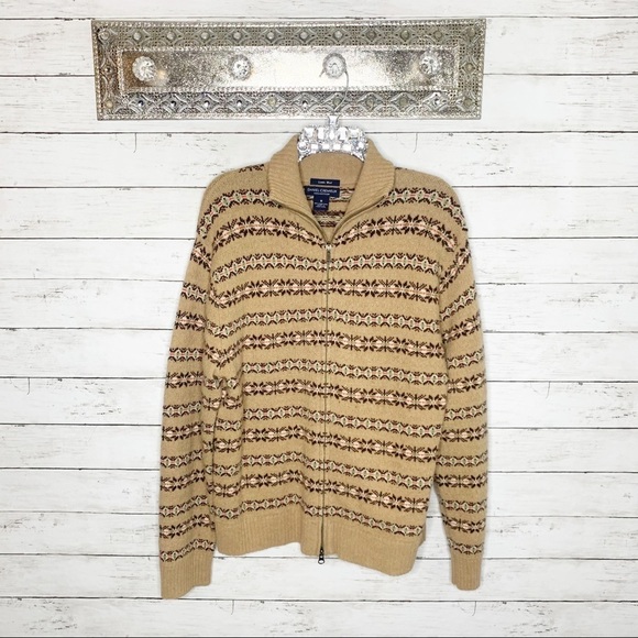 Daniel Cremieux Fair Isle Lambs Wool Full Zip Tan Grandpa Cardigan Medium - Picture 1 of 7